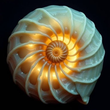 Nautilus shell radiating golden light from its center